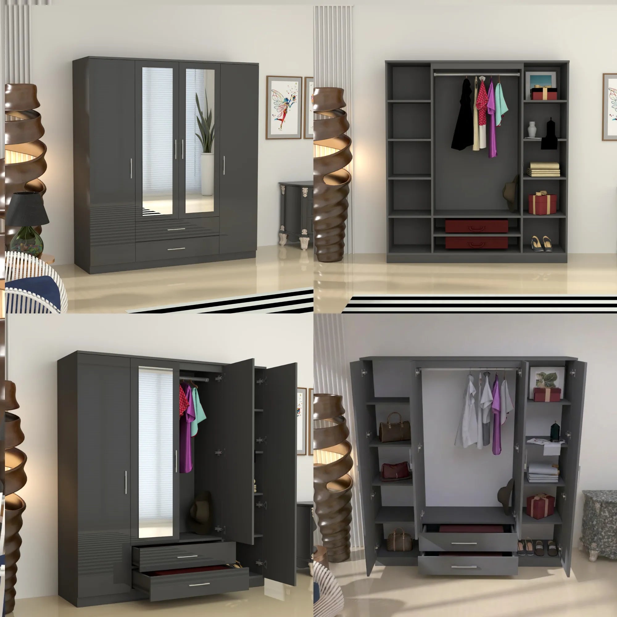 Verona 4 Doors Wardrobe | COLOR: DarkGray | SIZE: 160cm , 180cm