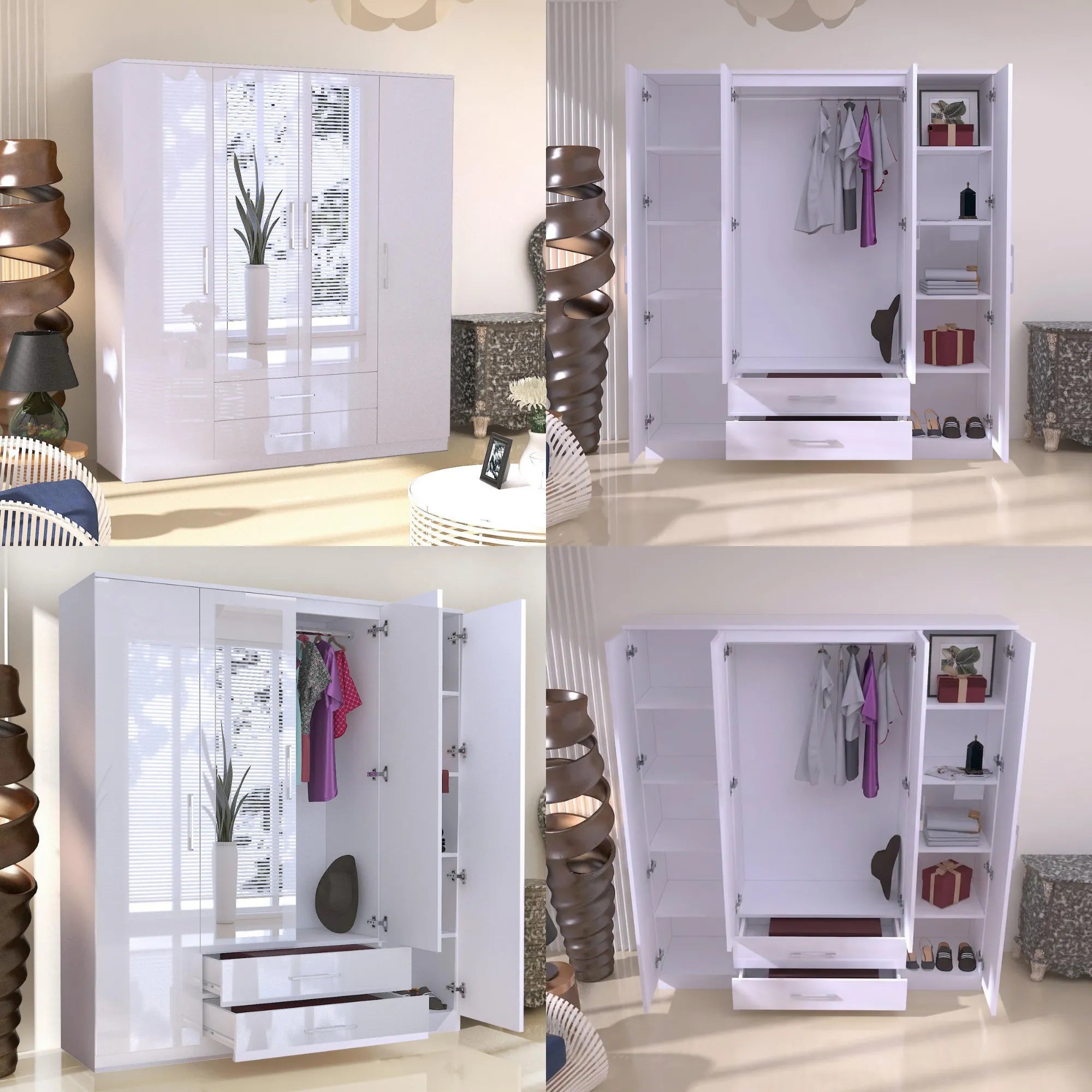 Verona 4 Doors Wardrobe | COLOR: White | SIZE: 160cm , 180cm