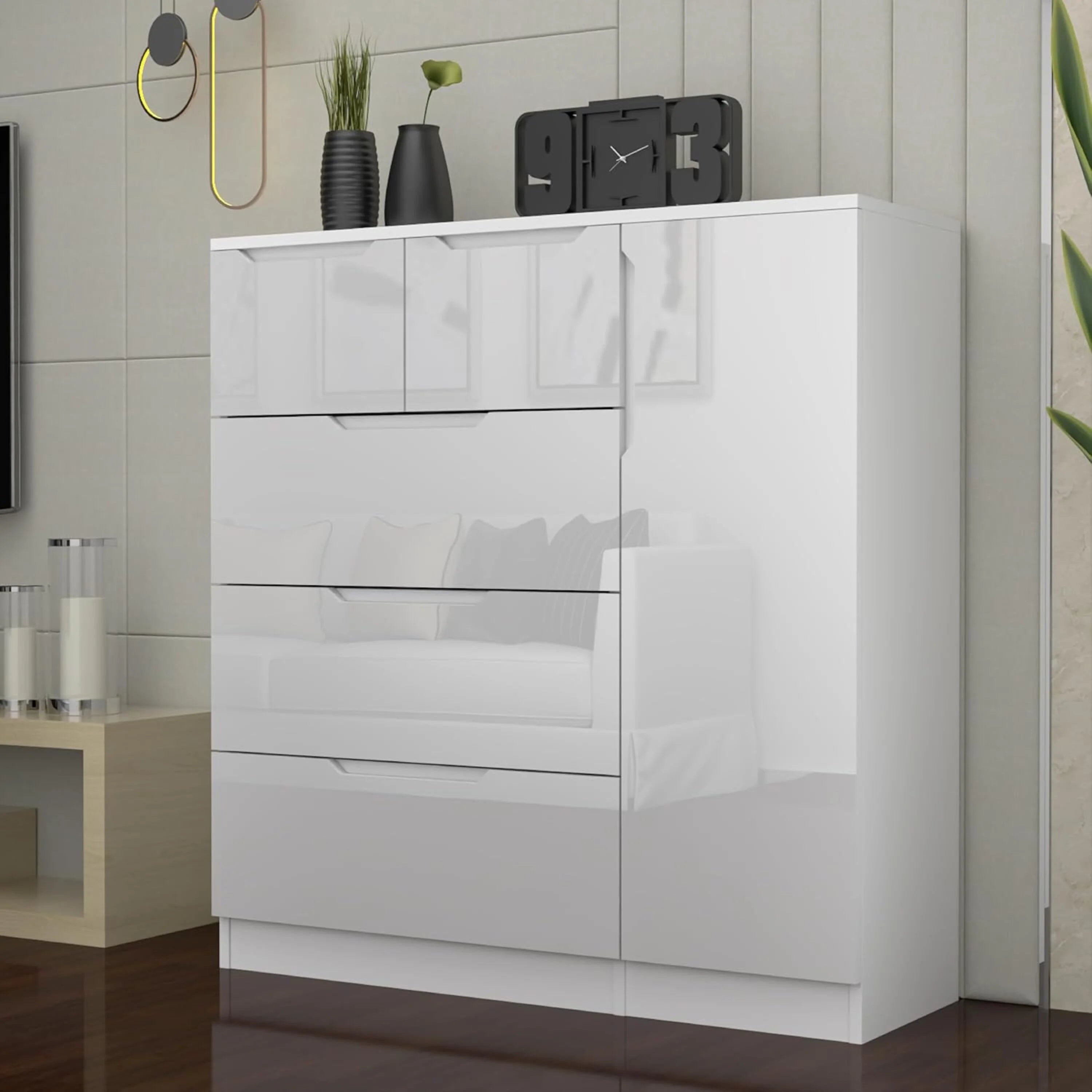 URBAN FURNISHING Modern High Gloss 5 Drawer Dresser with Side Hanging Cabinet