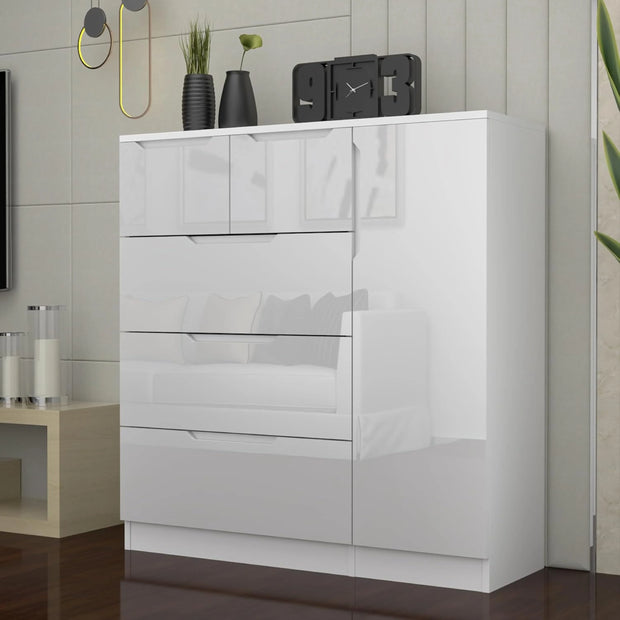 Modern High Gloss 5 Drawer Dresser with Side Hanging Cabinet