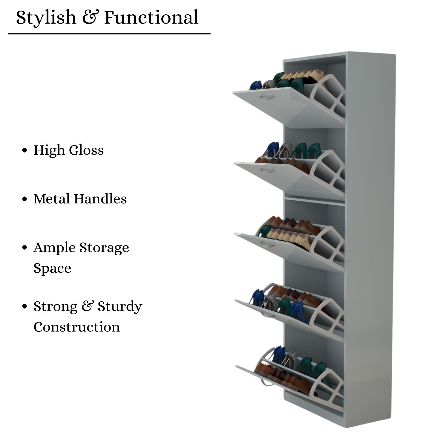Modern 5 Tier White High Gloss Shoes Cabinet,Footwear Organizer
