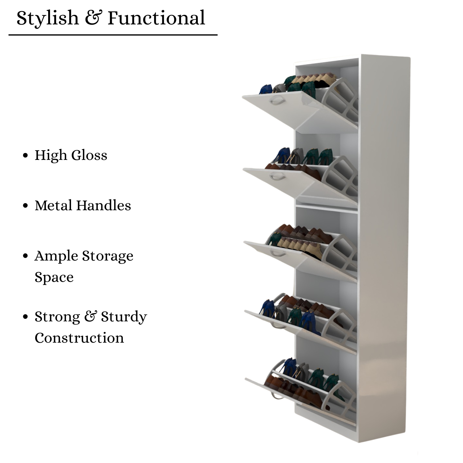 Modern 5 Tier White High Gloss Shoes Cabinet,Footwear Organizer