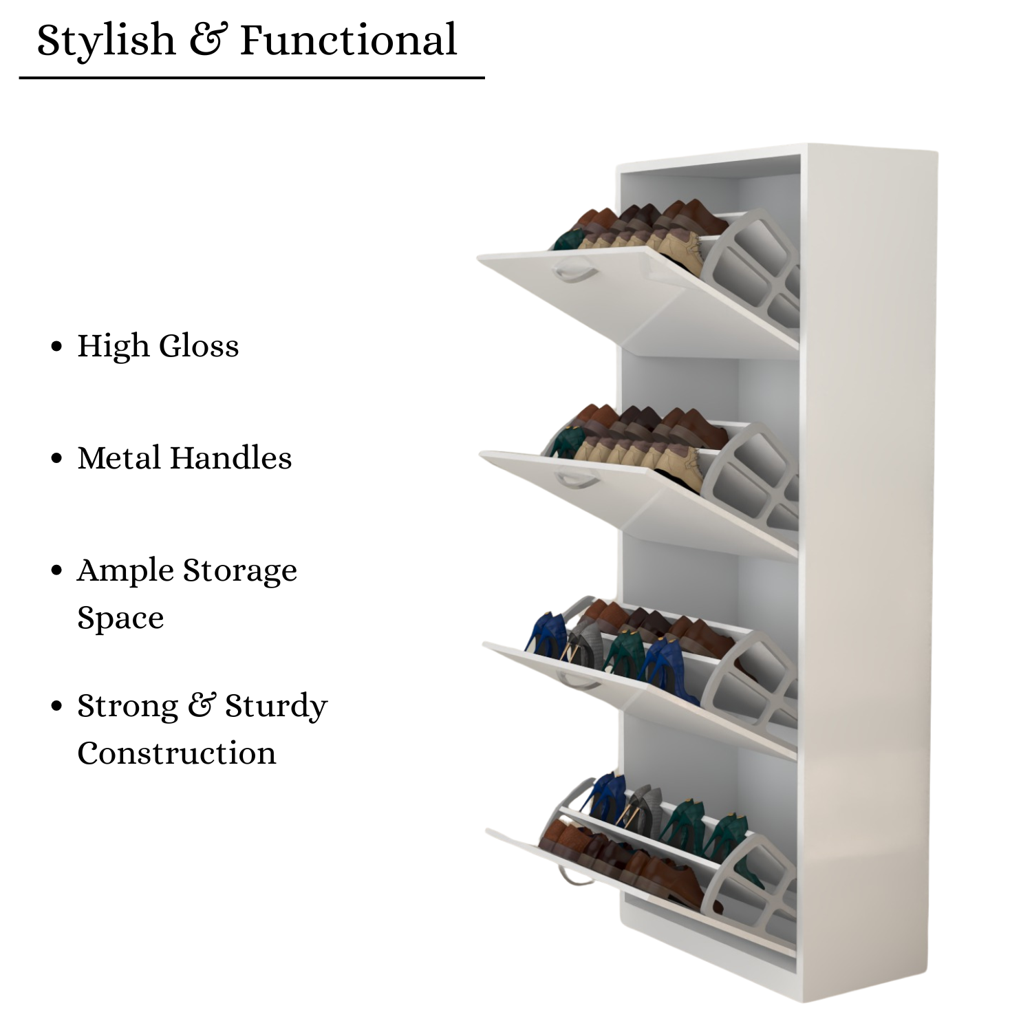 Modern 4 Tier White High Gloss Shoes Cabinet,Footwear Organizer