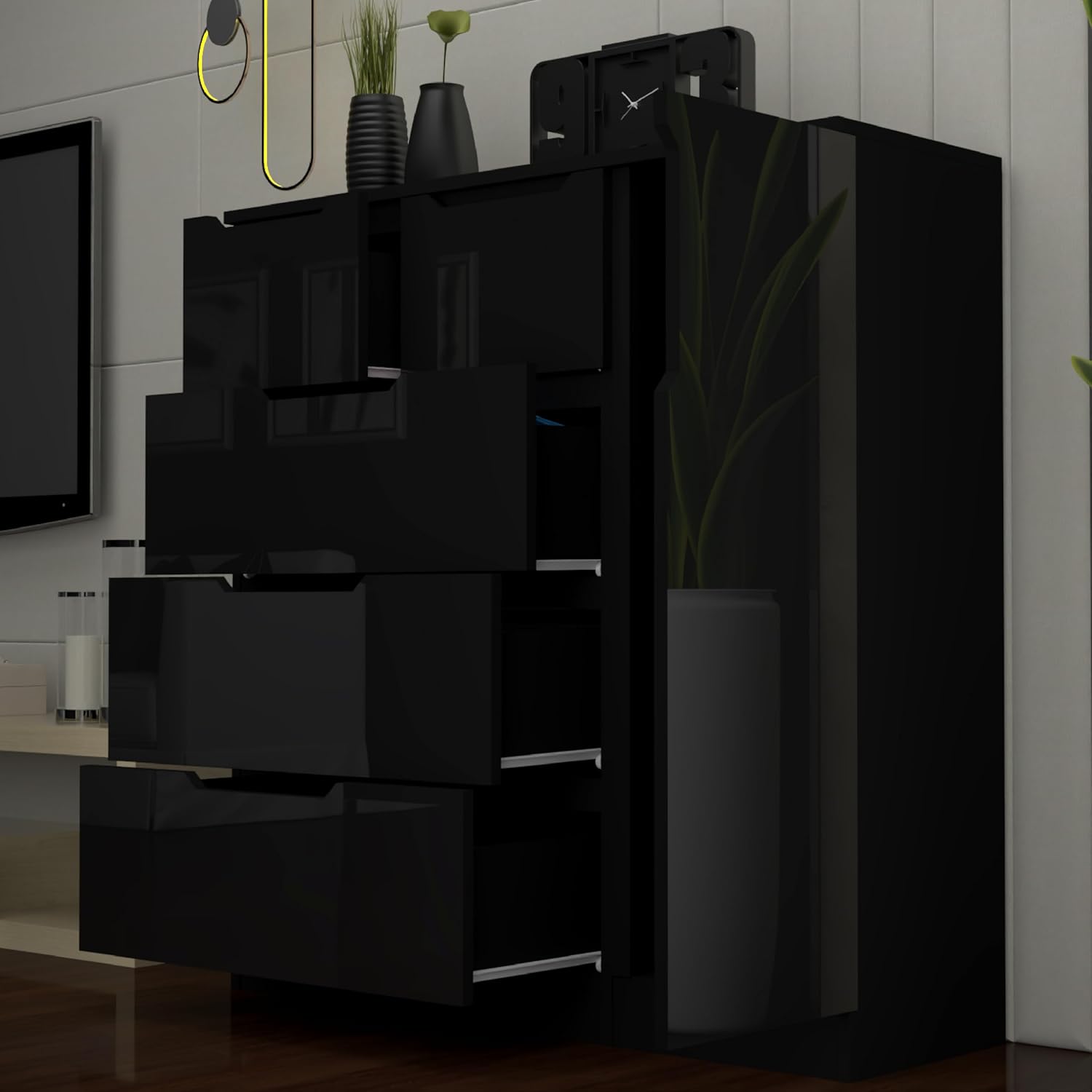 URBAN FURNISHING Modern High Gloss 5 Drawer Dresser with Side Hanging Cabinet