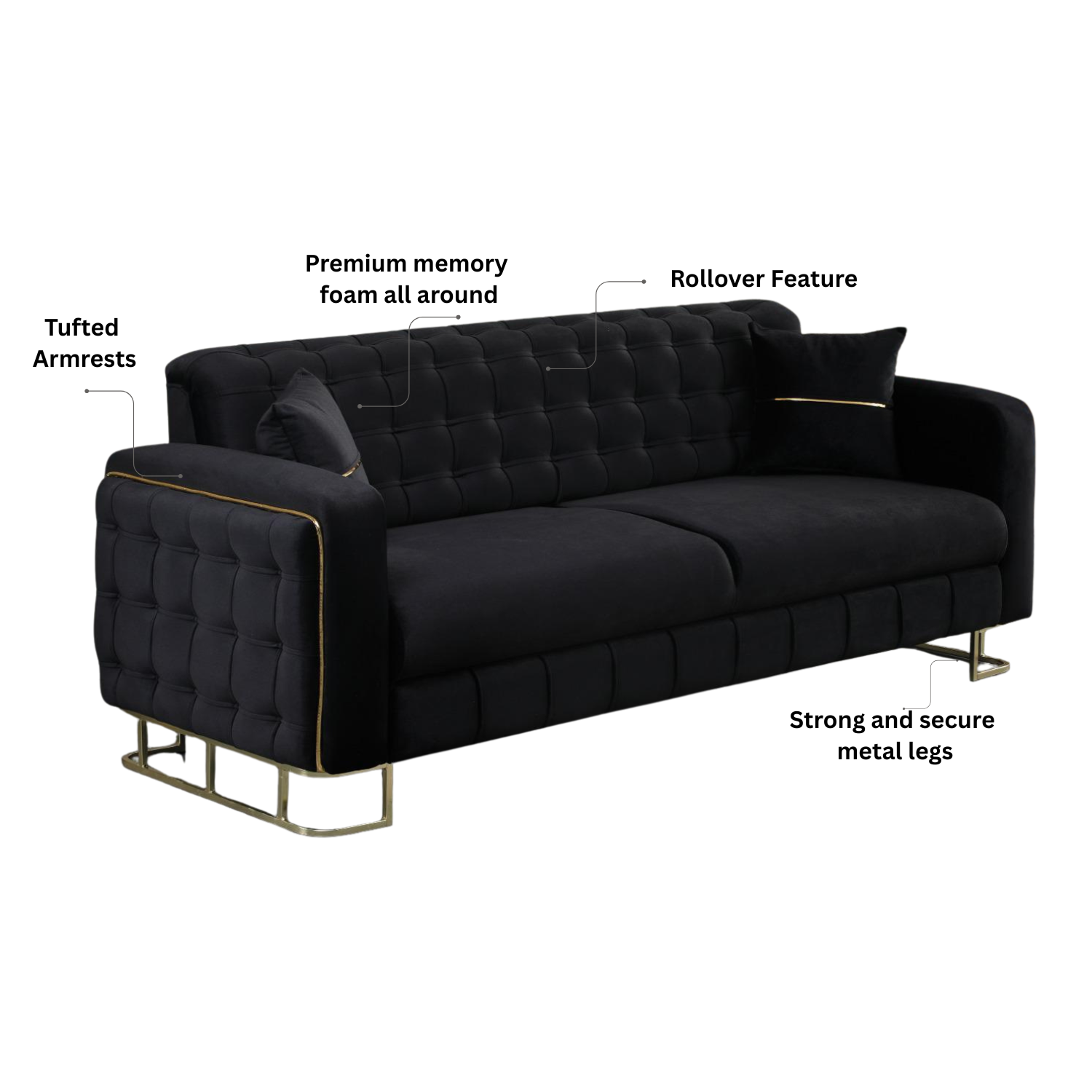 URBAN FURNISHING Modern Velvet Sofa Couch with Rollover Bed with Chrome Metal Legs & Chrome Finishing – Contemporary Sofa Bed For Living Room