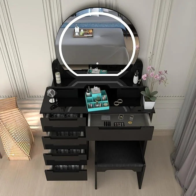 Glossique High Gloss Dressing Table with LED Mirror & Stool