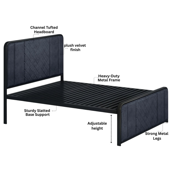 Elegant Channel-Tufted Upholstered Metal Bed.