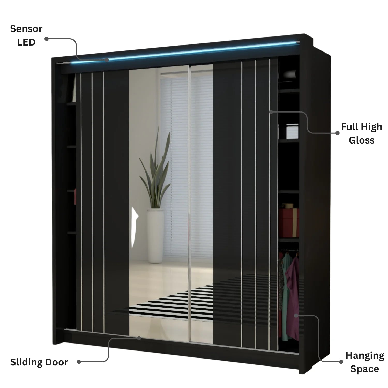Porto 2 Doors Wardrobe | COLOR: Black | SIZE: 165cm