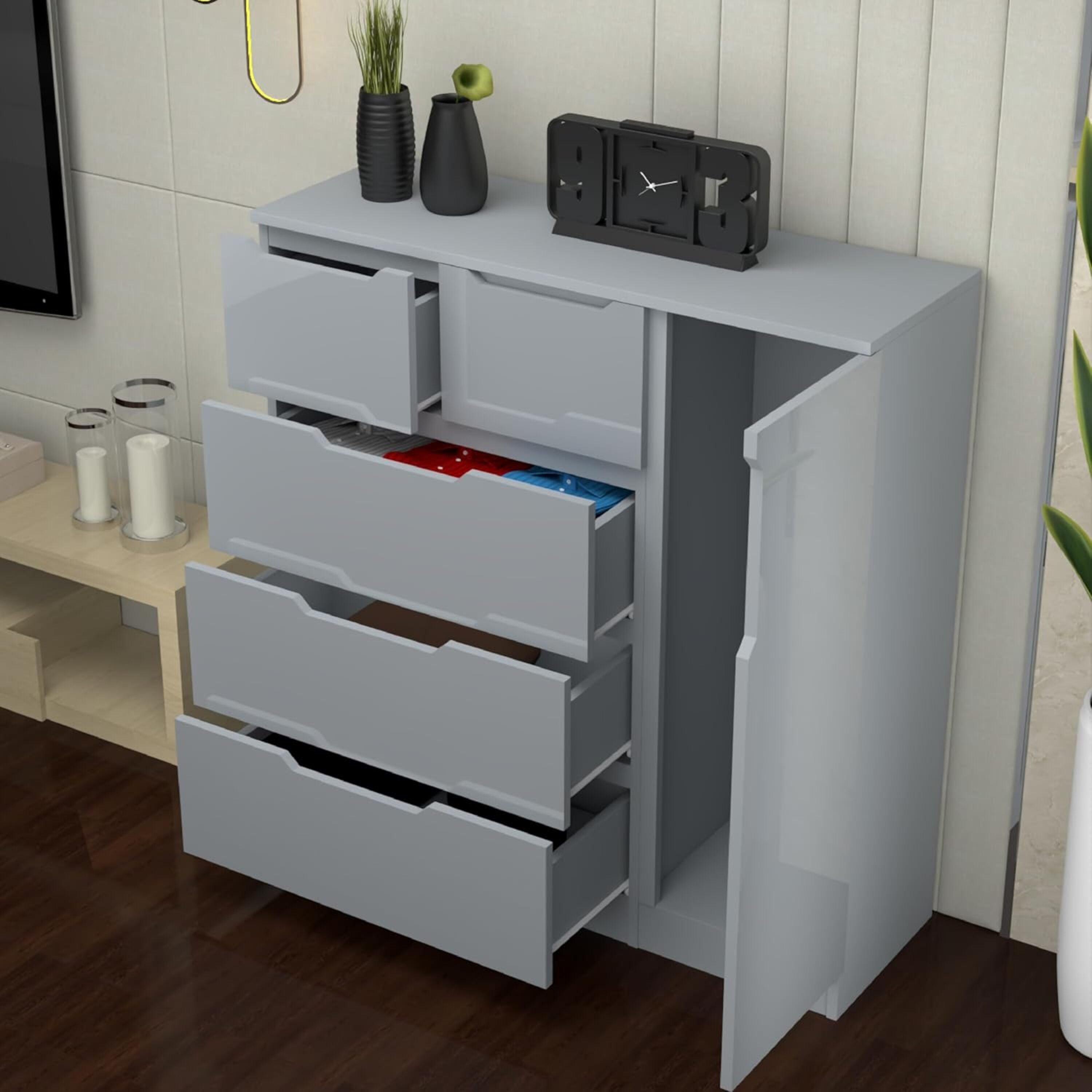 URBAN FURNISHING Modern High Gloss 5 Drawer Dresser with Side Hanging Cabinet