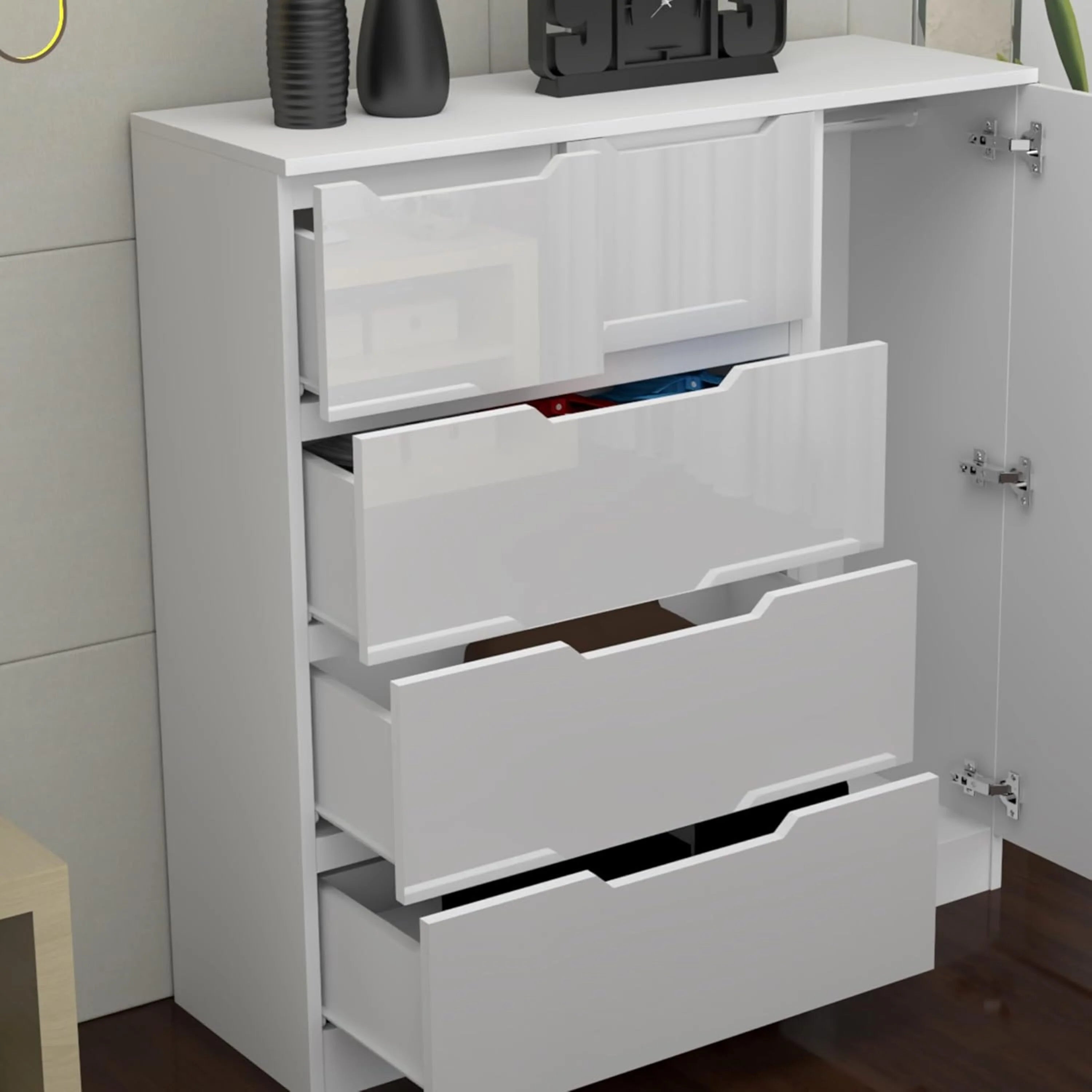 URBAN FURNISHING Modern High Gloss 5 Drawer Dresser with Side Hanging Cabinet