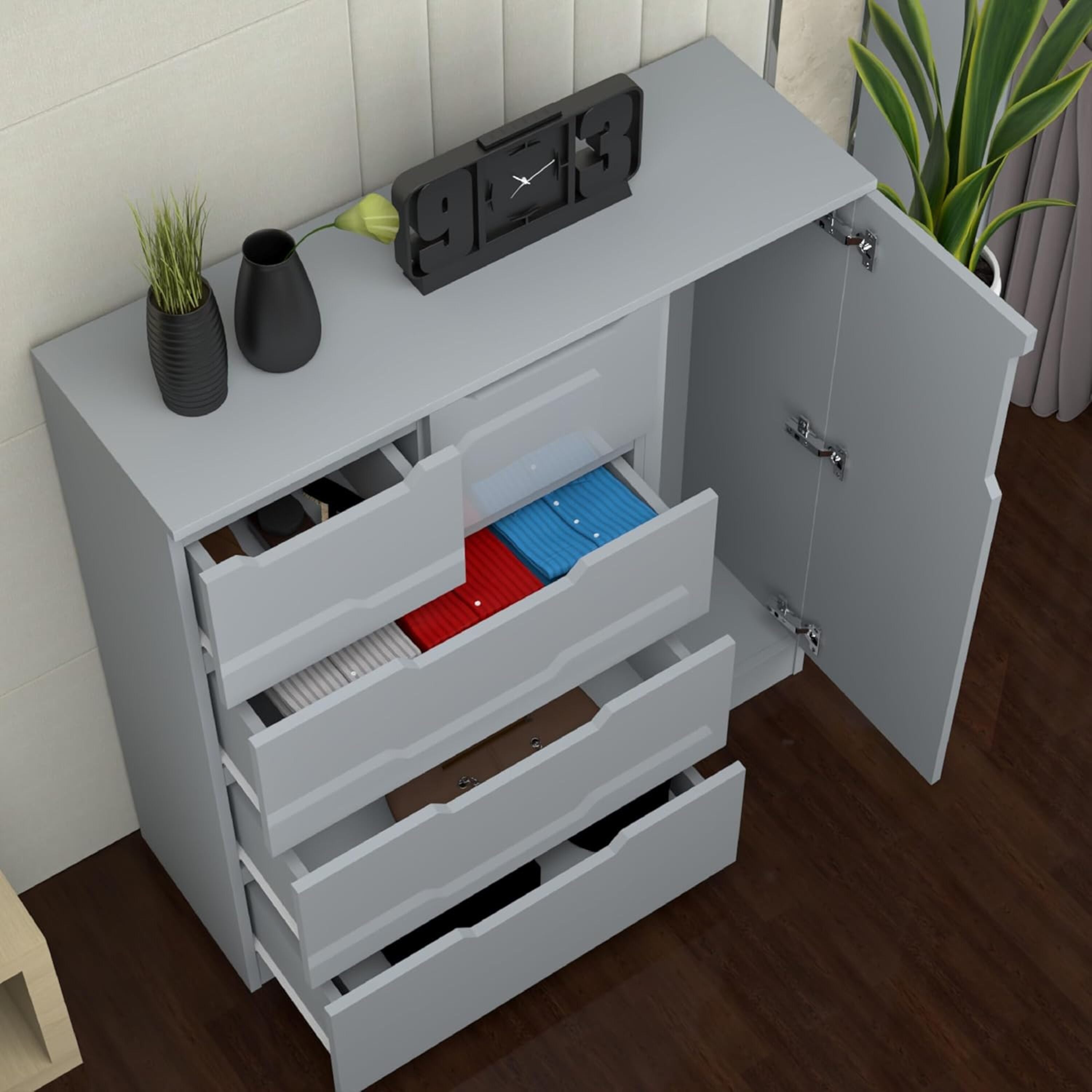 URBAN FURNISHING Modern High Gloss 5 Drawer Dresser with Side Hanging Cabinet