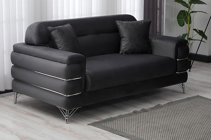 URBAN FURNISHING Modern Velvet Sofa Couch with Rollover Bed with Chrome Metal Legs & Chrome Finishing – Contemporary Sofa Bed For Living Room