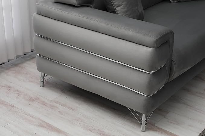URBAN FURNISHING Modern Velvet Sofa Couch with Rollover Bed with Chrome Metal Legs & Chrome Finishing – Contemporary Sofa Bed For Living Room