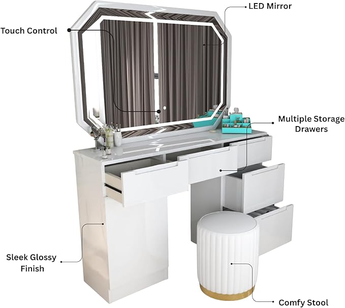 Urban Furnishing Modern White Vanity Desk with LED Mirror & Padded Stool – 7-Drawer Makeup Dressing Table