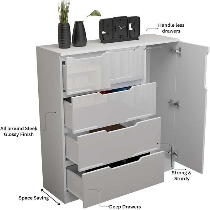 URBAN FURNISHING Modern High Gloss 5 Drawer Dresser with Side Hanging Cabinet