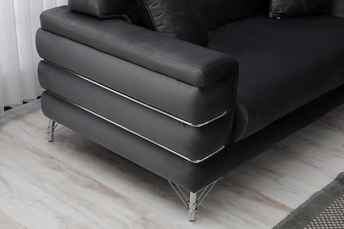 URBAN FURNISHING Modern Velvet Sofa Couch with Rollover Bed with Chrome Metal Legs & Chrome Finishing – Contemporary Sofa Bed For Living Room