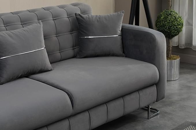 URBAN FURNISHING Modern Velvet Sofa Couch with Rollover Bed with Chrome Metal Legs & Chrome Finishing – Contemporary Sofa Bed For Living Room