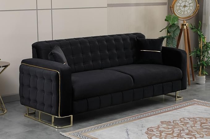 URBAN FURNISHING Modern Velvet Sofa Couch with Rollover Bed with Chrome Metal Legs & Chrome Finishing – Contemporary Sofa Bed For Living Room