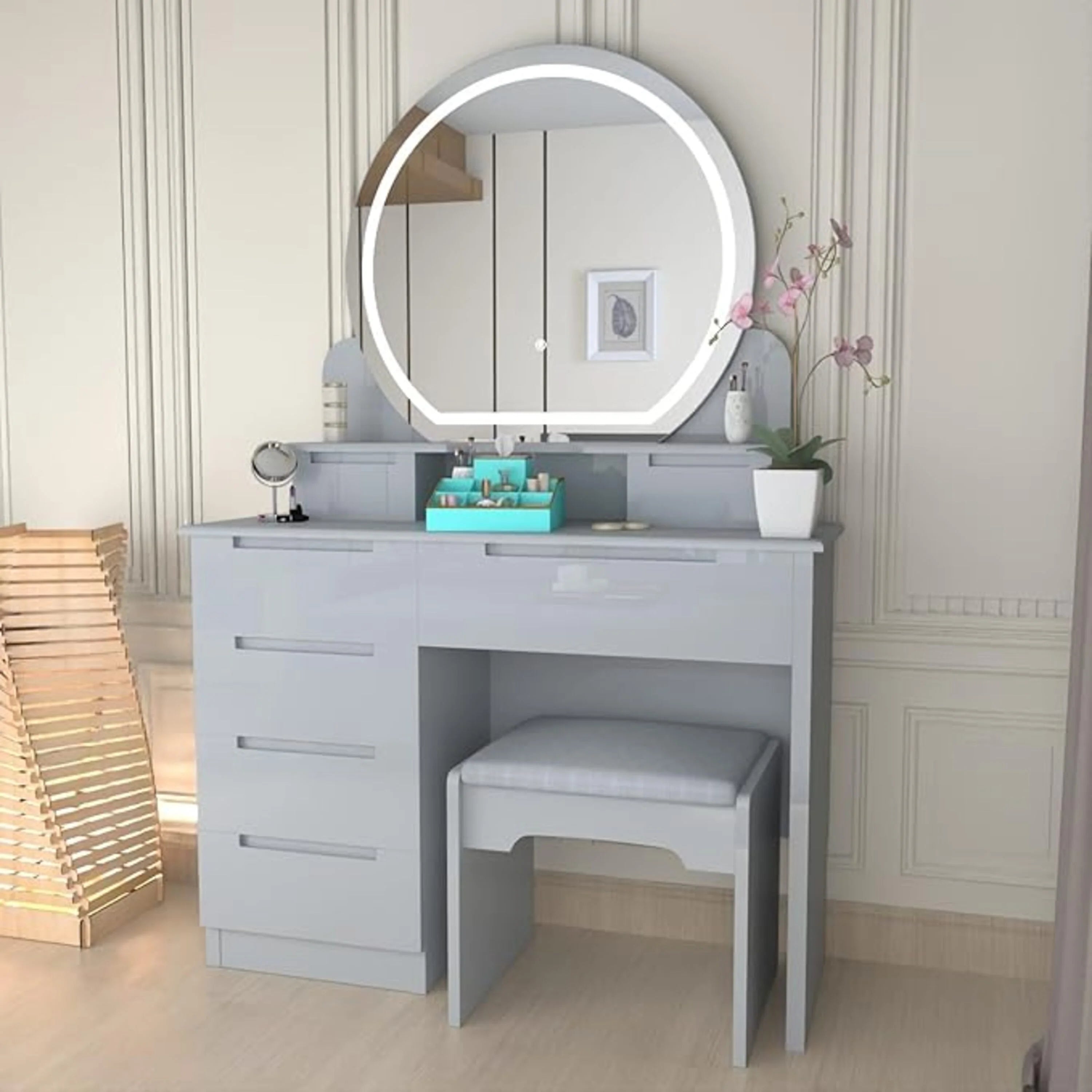 Glossique High Gloss Dressing Table with LED Mirror & Stool