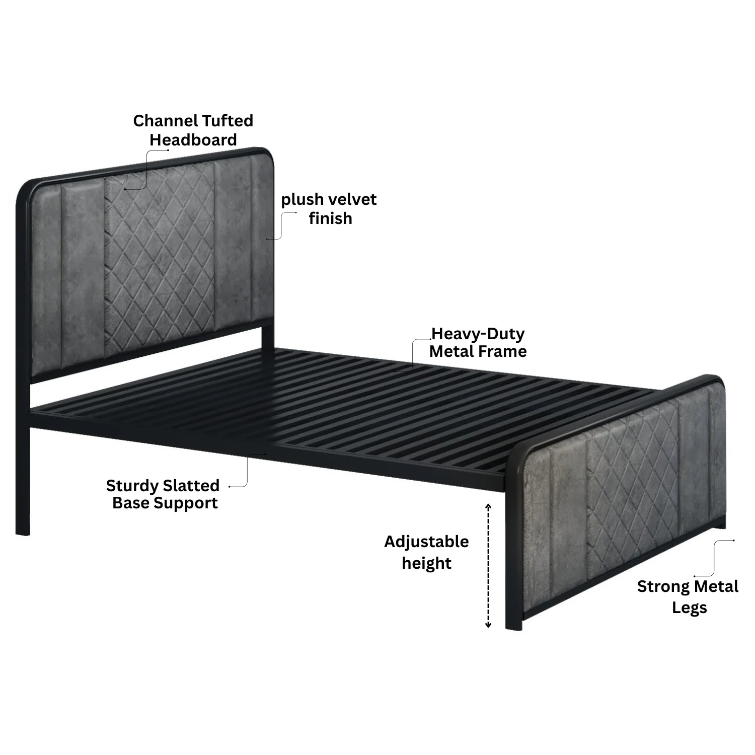 Elegant Channel-Tufted Upholstered Metal Bed.