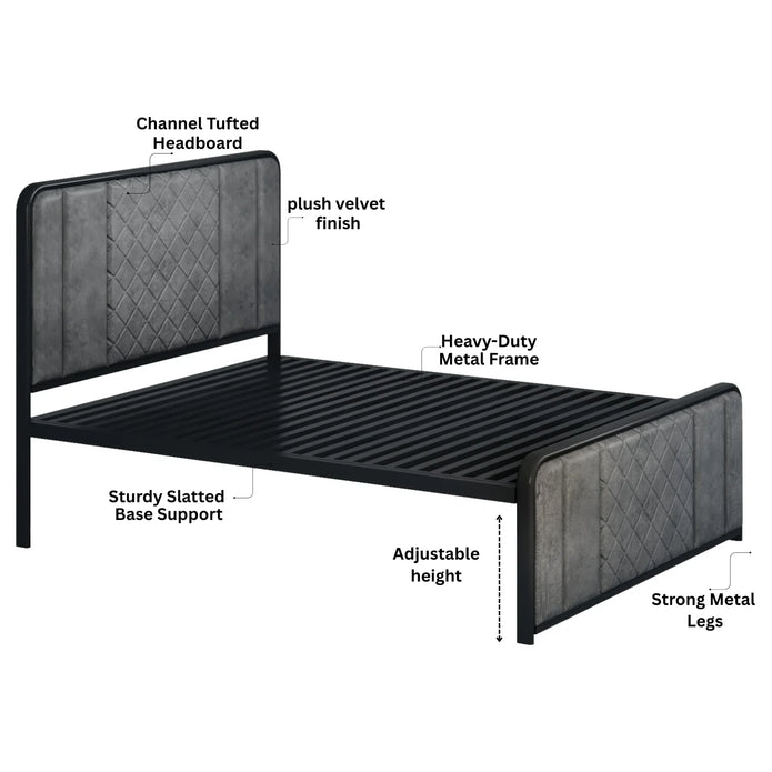 Elegant Channel-Tufted Upholstered Metal Bed.