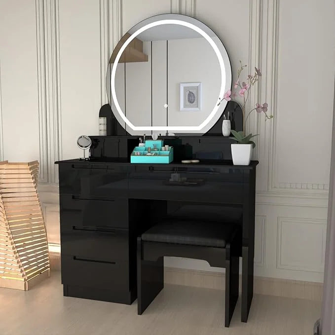Glossique High Gloss Dressing Table with LED Mirror & Stool