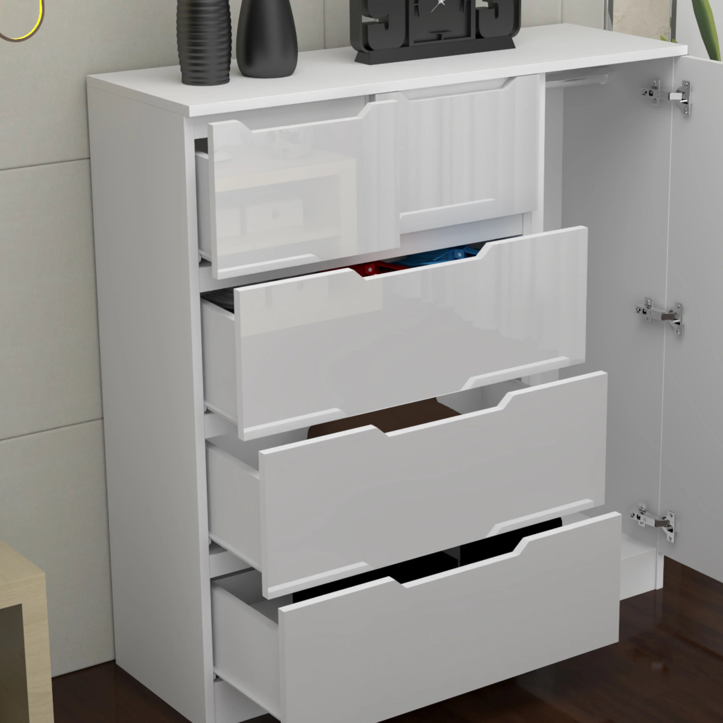 URBAN FURNISHING Modern High Gloss 5 Drawer Dresser with Side Hanging Cabinet