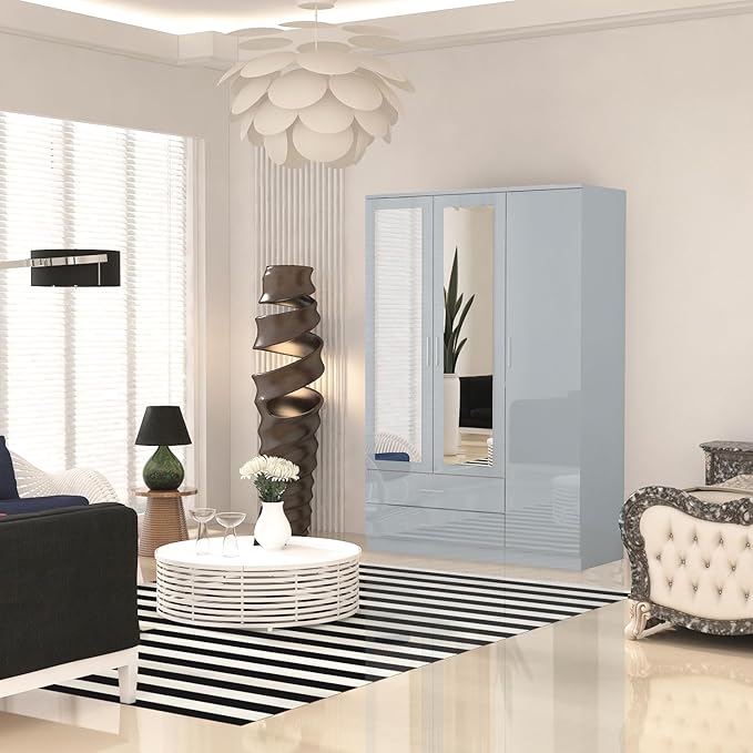 URBAN FURNISHING Modern 3-Door Wardrobe with Mirror & 2 Bottom Drawers