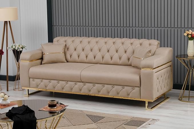 Modern Velvet Sofa Couch with Rollover Bed with Chrome Metal Legs & Chrome Finishing – Contemporary Sofa Bed For Living Room.
