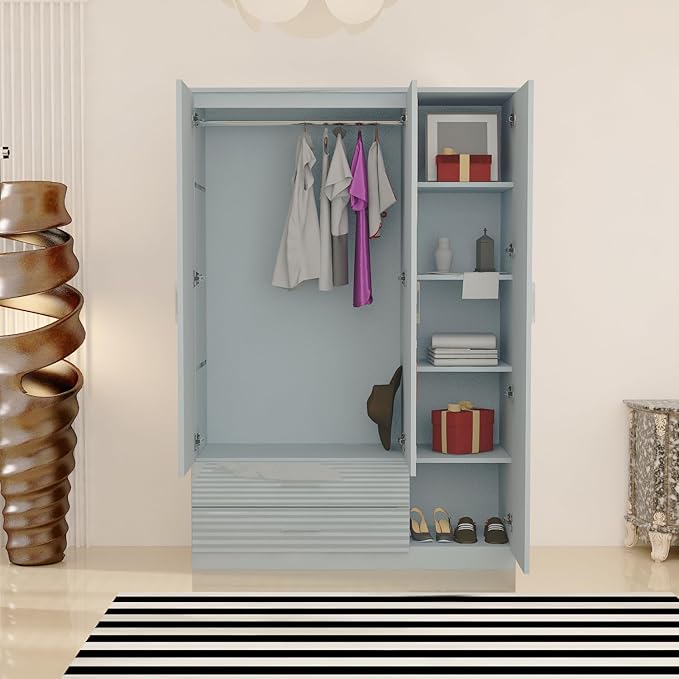 URBAN FURNISHING Modern 3-Door Wardrobe with Mirror & 2 Bottom Drawers