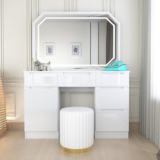Urban Furnishing Modern White Vanity Desk with LED Mirror & Padded Stool – 7-Drawer Makeup Dressing Table