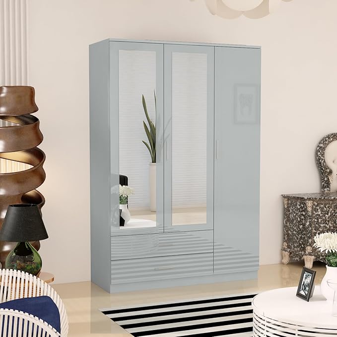 URBAN FURNISHING Modern 3-Door Wardrobe with Mirror & 2 Bottom Drawers