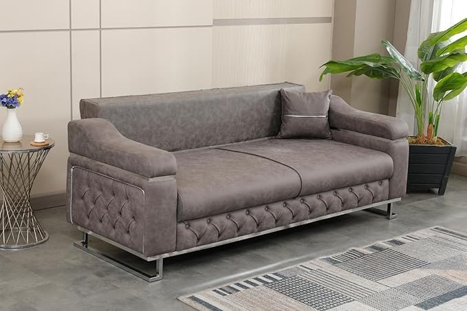 Modern Velvet Sofa Couch with Rollover Bed with Chrome Metal Legs & Chrome Finishing – Contemporary Sofa Bed For Living Room.