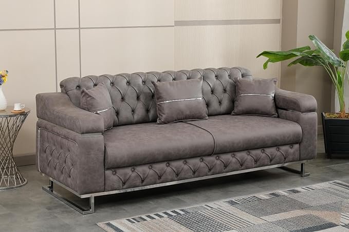 Modern Velvet Sofa Couch with Rollover Bed with Chrome Metal Legs & Chrome Finishing – Contemporary Sofa Bed For Living Room.