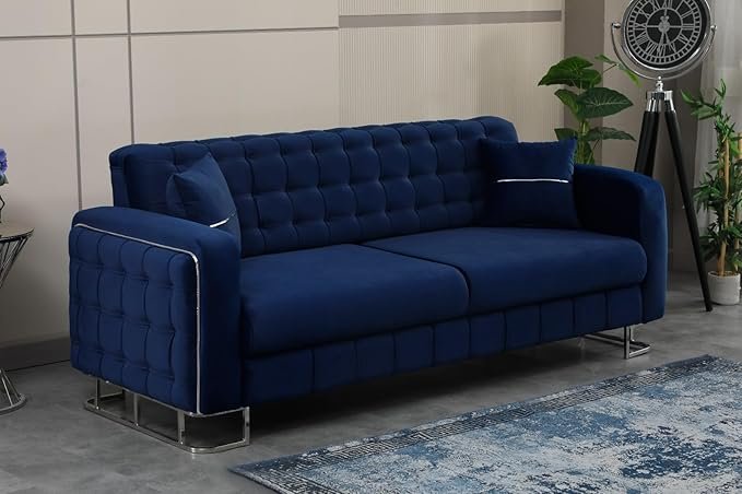 URBAN FURNISHING Modern Velvet Sofa Couch with Rollover Bed with Chrome Metal Legs & Chrome Finishing – Contemporary Sofa Bed For Living Room