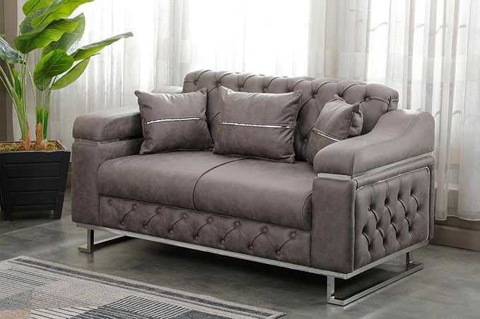 Modern Velvet Sofa Couch with Rollover Bed with Chrome Metal Legs & Chrome Finishing – Contemporary Sofa Bed For Living Room.