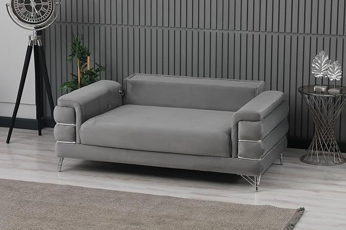 URBAN FURNISHING Modern Velvet Sofa Couch with Rollover Bed with Chrome Metal Legs & Chrome Finishing – Contemporary Sofa Bed For Living Room
