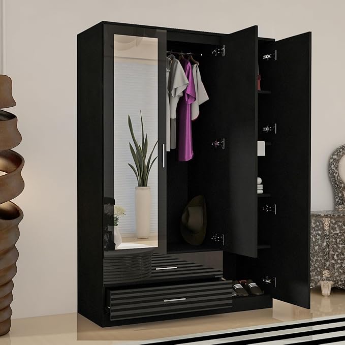 URBAN FURNISHING Modern 3-Door Wardrobe with Mirror & 2 Bottom Drawers