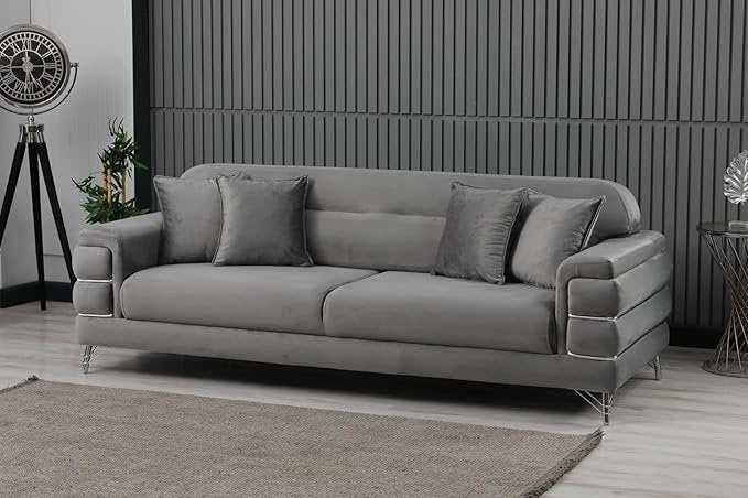 URBAN FURNISHING Modern Velvet Sofa Couch with Rollover Bed with Chrome Metal Legs & Chrome Finishing – Contemporary Sofa Bed For Living Room