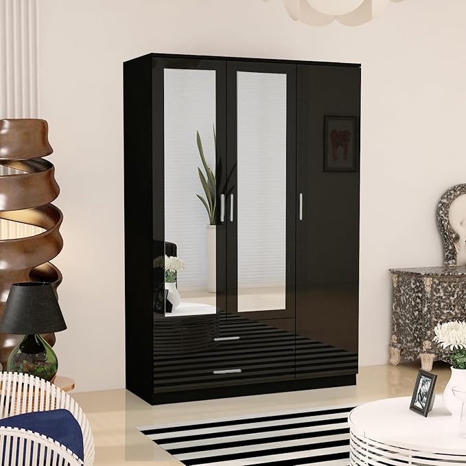 URBAN FURNISHING Modern 3-Door Wardrobe with Mirror & 2 Bottom Drawers