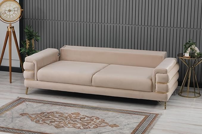 URBAN FURNISHING Modern Velvet Sofa Couch with Rollover Bed with Chrome Metal Legs & Chrome Finishing – Contemporary Sofa Bed For Living Room