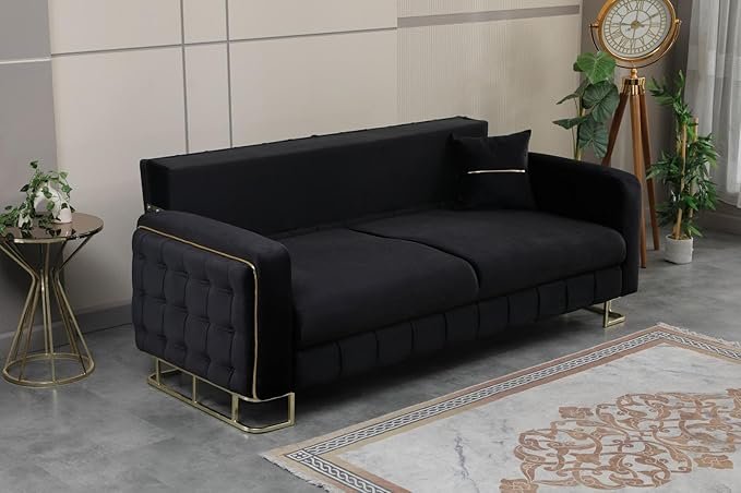 URBAN FURNISHING Modern Velvet Sofa Couch with Rollover Bed with Chrome Metal Legs & Chrome Finishing – Contemporary Sofa Bed For Living Room