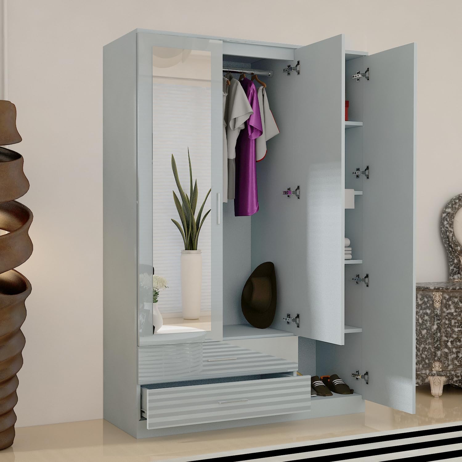 URBAN FURNISHING Modern 3-Door Wardrobe with Mirror & 2 Bottom Drawers