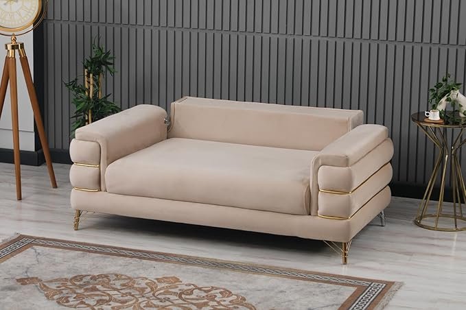 URBAN FURNISHING Modern Velvet Sofa Couch with Rollover Bed with Chrome Metal Legs & Chrome Finishing – Contemporary Sofa Bed For Living Room