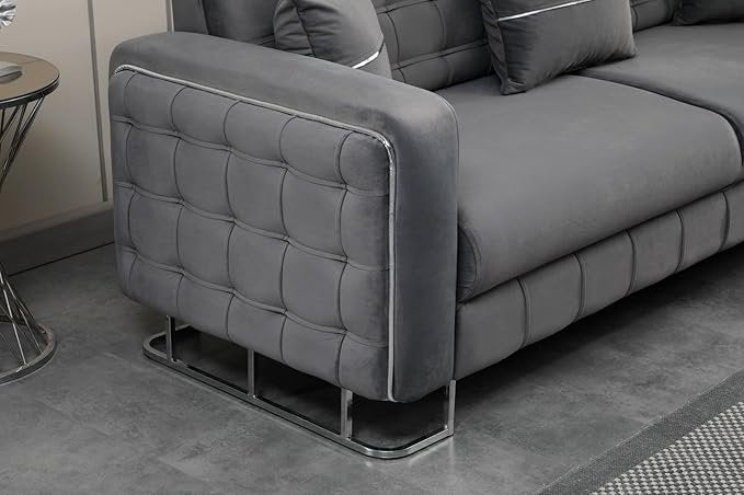 URBAN FURNISHING Modern Velvet Sofa Couch with Rollover Bed with Chrome Metal Legs & Chrome Finishing – Contemporary Sofa Bed For Living Room
