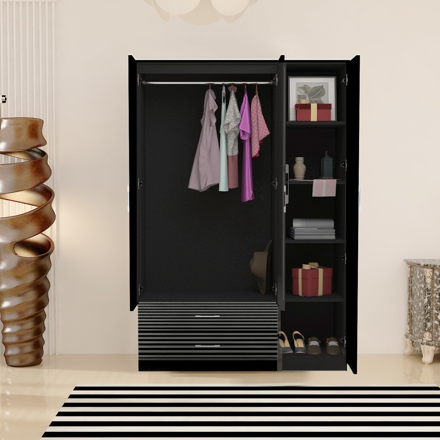 URBAN FURNISHING Modern 3-Door Wardrobe with Mirror & 2 Bottom Drawers