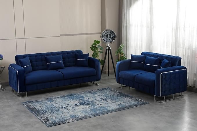 URBAN FURNISHING Modern Velvet Sofa Couch with Rollover Bed with Chrome Metal Legs & Chrome Finishing – Contemporary Sofa Bed For Living Room
