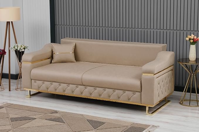 Modern Velvet Sofa Couch with Rollover Bed with Chrome Metal Legs & Chrome Finishing – Contemporary Sofa Bed For Living Room.