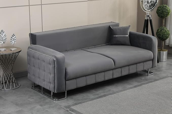 URBAN FURNISHING Modern Velvet Sofa Couch with Rollover Bed with Chrome Metal Legs & Chrome Finishing – Contemporary Sofa Bed For Living Room