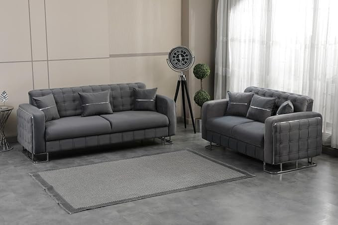 URBAN FURNISHING Modern Velvet Sofa Couch with Rollover Bed with Chrome Metal Legs & Chrome Finishing – Contemporary Sofa Bed For Living Room